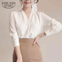 Korean Style Deep V-neck Ol Wild Loose Socialite Womens Tops Summer Long Sleeve White Chiffon Blouse Female 9382 50 210508
