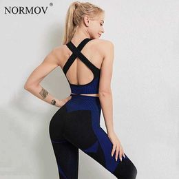 NORMOV Two Piece Set Women Seamless High Waist Leggings Sexy Beauty Back Bra Gym Tracksuit Women Workout Sports Suit Y0625