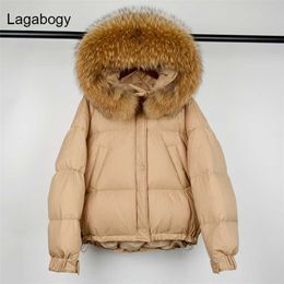 Lagabogy Winter Women Natural Raccoon Fur White Duck Down Coat Female Hooded Warm Puffer Jacket Loose Parkas Snow Outwear 210930