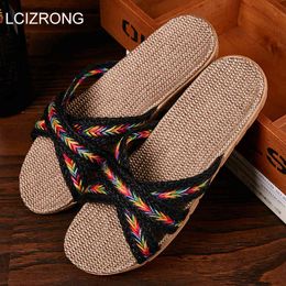 LCIZRONG High Quality Soft Linen Home Slippers Women 35-45 Large Size Slapping Beach Flip Flops 6 Colours Unisex Family Slippers Y0427