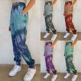 Fall Winter Womens Tie-dye Print Sports High Waist Bloomers Harem Trousers Casual Loose Jogger Pockets Sweatpants Plus Size 210517