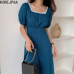 Korejpaa Women Dress Chic Summer Fashion Retro Elegant Square Collar Lace Tie Waist Bubble Sleeve Dress Long Skirt Women 210526