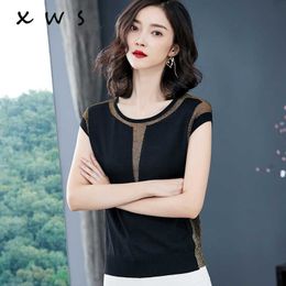 Glitter Women summer Sweater shiny oneck pullovers lady sweaters basic Female black knit sweater short sleeve top 210604