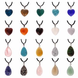Pendant Necklaces 20Pcs/set Heart And Waterdrop Stone Pendants Assorted Colour Beads Crystal Charms With 18 Inch Black Leather Cord Necklace#
