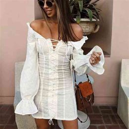 Summer dress women Vintage red lace up ruffle vintage party white beach mini embroidery casual vestidos 210521