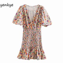 Vintage Floral Print Dress Women V Neck Lantern Sleeve Hem Ruffle Elastic Modern Lady Summer Mini Party es vestido 210514