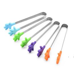 Cute Creative Small Silicone Clip Non Slip Stainless Steel Mini Food Ice Square Suger BBQ Tongs Clips Kitchen Products CCB8216