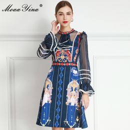 Fashion Designer dress Spring Women's Dress Lace Long sleeve Stripe Vintage Print Dresses 210524