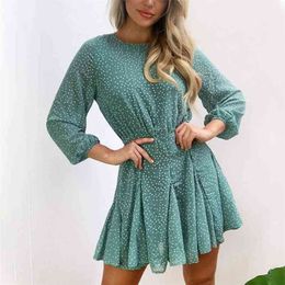 Autumn Long Sleeve Polka Dot Dress For Women Winter Casual Ruffles A Line Print Female Slim Green Midi Party Vestidos 210427