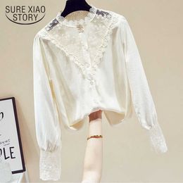 Spring French Vintage Blusas Hollow Out Lace Stitching Bottoming Blouse Women's Long Sleeve Cotton Shirt Sweet 13121 210527