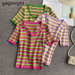 Korean Style Summer Women Fashion Slim Rainbow Striped Knitted T-Shirt O-Neck Short Sleeve Girls Navel Top Office Lady 210601