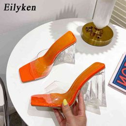 Slippers Eilyken New Fashion Women Summer Pvc Transparent Orange Jelly Sandals Crystal Perspex Heels Shoes Size 35 41220308