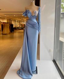 One Shoulder Blue Mermaid Evening Dresses Crystal Long Sleeve Beaded Formal Prom Gowns Custom Made Plus Size Pageant Wear Party Dress PRO232