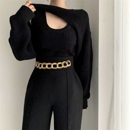 Korean Fashion Two Piece Set Women Long Sleeve Top + Sleeveless Vest s Sexy Ladies Matching 211106