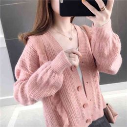 autumn and winter solid Colour twist sweater jacket women Korean version of loose V-neck knitted cardigan with 210427