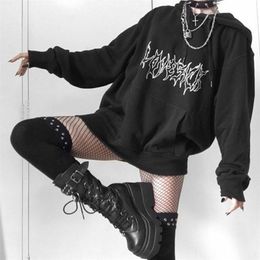 Punk Goth Letter Print Hip-Hop Hooded Sweatshirt Vintage Kpop Loose Casual Women Moletom Harajuku Streetwear Pullover Sweatshirt 210816