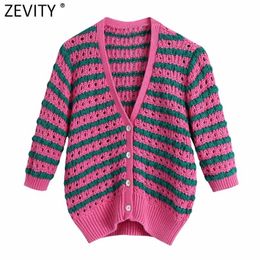 Zevity Women Fashion V Neck Colour Matching Striped Print Hollow Out Crochet Knitted Sweater Female Chic Cardigans Tops SW801 211018