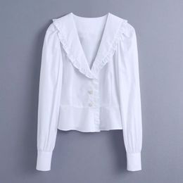Spring Women V Neck Button Decoration White Shirt Female Puff Sleeve Blouse Casual Lady Loose Tops Blusas S8665 210430