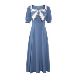 Women Puff Sleeve Short A-line Midi Dress Summer Blue Black Solid Bow Sailor Collar D1974 210514