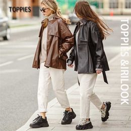 Toppies Fashion black faux leather jacket Woman Button Belted Coat ladies outwear Female Jacket 211007