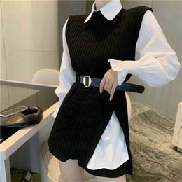 Spring Two-Piece Set Fashion Women Lantern Sleeve White Shirt Top + Casual Split knitted sweater Vest With Belted 210519