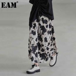 [EAM] High Elastic Waist Black Pattern Printed Long Casual Half-body Skirt Women Fashion Spring Summer 1DD8757 21512