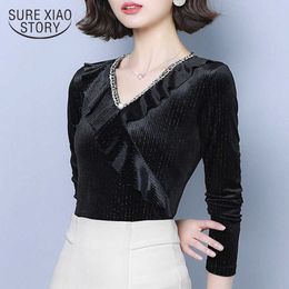 Spring Fashion Solid Slim Long Sleeve Backing Shirt V-Collar Women Blouses and Tops Ladies Shirt Ruffles Sexy 8140 50 210527