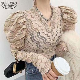 Bubble Sleeves Lace Top Women Spring Temperament Thin V-neck Hollow Out Hook Flower Long Sleeve Bottom Shirt Blouise 13766 210508