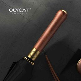 Luxury 16K Long Umbrella Men Windproof Wooden Automatic Rain Women Strong Big Olycat Sun Golf Parasol Outdoor 210721