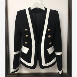 HIGH QUALITY Fashion Designer Blazer Jacket Women's Classic Black White Color Block Metal Buttons 211019