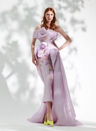 Lavender Prom Dresses Off Shoulder Lace Appliques Tulle Evening Dress Custom Made Flower Tea Length Princess Party Gown