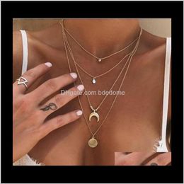 Chokers Necklaces & Pendants Jewellery Drop Delivery 2021 Four Layers Multi Layer Necklace Metal Bead Disc Moon Ox Horn Pendant Sier Gold Colour