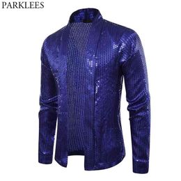 Royal Blue Sequin Bling Cardigan Blazer Male Casual Slim Fit Mens Blazers Hi-street Party Prom Stage Clothes for Singers Costume 210522