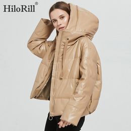 Women Thick Warm PU Faux Leather Padded Coat Winter Zipper Hooded Jacket Parka Long Sleeve Pockets Outerwear Tops 210508