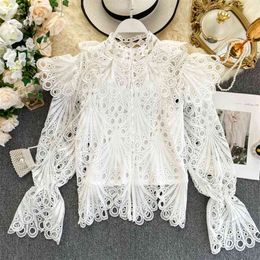 Women's French Vintage Lace Shirt Spring Autumn Hollow Ruffled Flare Sleeve Stand Collar Tops Single-breasted ML637 210506