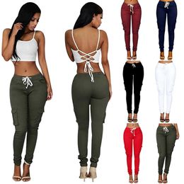 Women Pants Casual Drawstring Skinny Pencil Pants For Ladies Multi Pockets Sports Trousers Solid Slim Fit Female Cargo Pants D25 Q0801