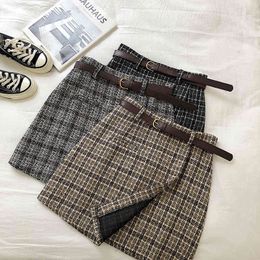 Skirts Womens Casual A-line Belt Black High Waist Pencil Autumn Female Elegant Plaid Korean kawaii Mini 210428