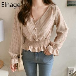 Vintage V-neck Flare Sleeve Polka Dot Women Blouse Shirts Elegant Front Buttons Slim Waist Ruffles Female Blouse blusas 210610