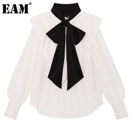 [EAM] Women White Brief Bandage Bow Big Size Blouse Lapel Long Sleeve Loose Fit Shirt Fashion Spring Autumn 1DD6919 21512