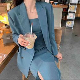 Spring And Autumn Elegant Women's Dress Suit Solid Colour Female Blazer Suits Strap Ladias Two Piece Set 210514