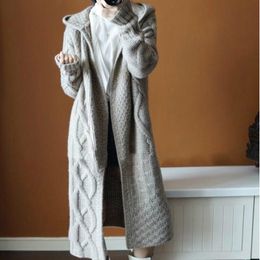 Lucyever Fashion Korean Twist Knitted Long Cardigans Women Loose Hooded Sweater Coat Woman Solid Casual Open Stitch Coats Mujer 210521