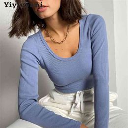Yiyiyouni Casual Screw Thread Long Sleeve Pullover Vintage Cotton Knitted Sweaters Korean Basic Black White Tops 210922