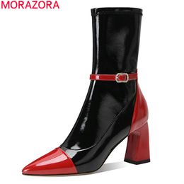 MORAZORA Big size 33-42 women brand boots genuine leather boots thick high heels pointed toe mixed Colours ankle boots 210506