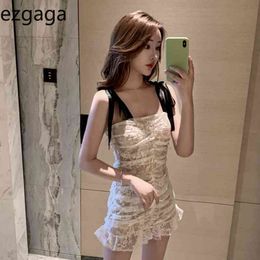 Ezgaga Sexy Bodycon Dress Women Spaghetti Strap Korean Fashion Summer Bandage Lace Patchwork Ruched Clubwear Vestidos 210430