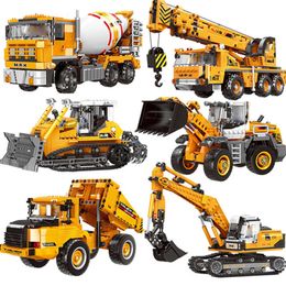 Engineering Bulldozer Crane Dump Truck Tech Building Blocks City Construction Vehicle Car Bricks Educational Toys Kids Gift Q0624