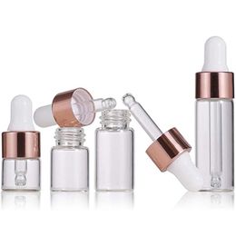 1000Pcs Clear Glass Essential Oil Sample Bottle Perfume Vials Liquid Cosmetic Containers Eye Dropper Bottles With Rose Gold Lids