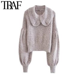 Women Fashion Ruffle Trims Cropped Knitted Sweater Vintage Peter Pan Collar Long Sleeve Female Pullovers Chic Tops 210507