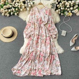 Spring Summer Floral Print Long Dress Women Fashion V-neck Full Sleeve Elastic Waist Hollow Back Bohemian Beach Maxi 210603
