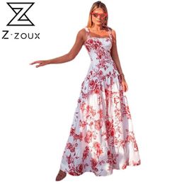 Women Dress Sleeveless Spaghetti Strap Printed Bohemia Sexy Floral Maxi es High Waist Large Hem Long es 210524