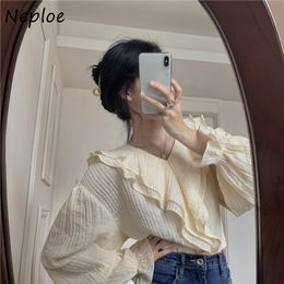 Neploe V Neck Ruffles Patchwork Elegant Blouse Women Pullover Long Sleeve Ol Solid Blusas Spring Loose Shirt Ladies Top 210510